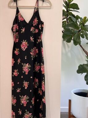Zara Black Midi Slip Dress with Pink Floral Print